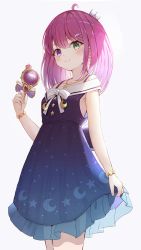Rule 34 | 1girl, ahoge, blue dress, blush, bow, bracelet, closed mouth, commentary, crescent, crown, dress, frilled dress, frills, green eyes, grey background, hair between eyes, hand up, heterochromia, highres, himemori luna, himemori luna (sundress), holding, hololive, jewelry, kinsuke z, looking at viewer, mini crown, off-shoulder dress, off shoulder, pink hair, purple eyes, revision, simple background, smile, solo, star (symbol), tilted headwear, virtual youtuber, white bow