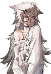 Rule 34 | 1girl, absurdres, alternate costume, arknights, bespectacled, black choker, brown-framed eyewear, chain, chain necklace, choker, clothes writing, drawstring, expressionless, glasses, hair ornament, hairclip, highres, hood, hoodie, jewelry, lappland (arknights), long hair, long sleeves, looking at viewer, messy hair, necklace, off shoulder, parted lips, rui (woyoudabing rui), scar, scar across eye, simple background, single bare shoulder, single off shoulder, solo, upper body, variant set, white background, white eyes, white hair, white hoodie