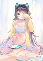 Rule 34 | 1girl, absurdres, animal ear headphones, animal ears, bare legs, barefoot, breasts, brown eyes, brown hair, cat ear headphones, cat ears, cleavage, collarbone, dress, fake animal ears, grey hair, headphones, highres, jacket, long hair, long sleeves, looking at viewer, mochitsuki usa, multicolored hair, nintendo switch, one eye closed, open clothes, open jacket, open mouth, original, short dress, sketch, sleeveless, sleeveless dress, sleeves past wrists, small breasts, solo, very long hair, wavy mouth, white dress, yellow jacket