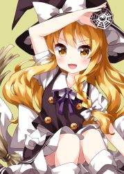 Rule 34 | 1girl, :d, arm up, black hat, black vest, blonde hair, bow, braid, broom, broom riding, feet out of frame, green background, hair bow, hat, hat bow, highres, holding, kirisame marisa, long hair, looking at viewer, mini-hakkero, neck ribbon, open mouth, orb, purple ribbon, ribbon, ruu (tksymkw), shirt, short sleeves, side braid, simple background, single braid, smile, solo, touhou, v-shaped eyebrows, vest, white bow, white legwear, white shirt, witch hat, yellow eyes, yin yang, yin yang orb