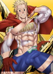 Rule 34 | 1boy, abs, absurdres, armpits, bara, blonde hair, blue eyes, bodysuit, boku no hero academia, bulge, cowboy shot, erection, erection under clothes, highres, large pectorals, looking at viewer, male focus, muscular, nipples, pectorals, revealing layer, skin tight, solo, suyohara, thick thighs, thighs, togata mirio, torn bodysuit, torn clothes, upper body