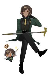Rule 34 | 1girl, black footwear, black pants, brooch, brown hair, cane, closed mouth, concealed weapon, ff nami, green jacket, highres, holding, holding weapon, jacket, jewelry, limbus company, looking at viewer, orange eyes, outis (project moon), pants, project moon, shoes, simple background, sitting, solo, sword cane, weapon, white background, wing collar