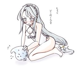 Rule 34 | 1girl, asymmetrical bangs, breasts, casual one-piece swimsuit, commentary request, creature, flower, frilled one-piece swimsuit, frilled swimsuit, frills, grey hair, hair flower, hair ornament, hairband, kantai collection, kneeling, long hair, official alternate costume, one-piece swimsuit, purple eyes, sagiri (kancolle), side-tie swimsuit, simple background, small breasts, swept bangs, swimsuit, tatahai, white background, white one-piece swimsuit