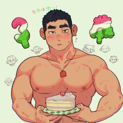 Rule 34 | 1boy, 6+boys, bara, black hair, blush, cake, cake slice, character request, chibi, chibi inset, dark-skinned male, dark skin, earrings, food, highres, incoming food, jewelry, kim liong (shan), large pectorals, long sideburns, male focus, multiple boys, muscular, muscular male, necklace, nipples, nude, number candle, original, pectorals, shan (shanshankuo), short hair, sideburns, solo focus, sweat, sweatdrop, thick eyebrows, tsi-ho (shan), upper body