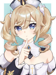 Rule 34 | 1girl, absurdres, barbara (genshin impact), bare shoulders, blonde hair, blue eyes, blush, brooch, commentary request, dress, drill hair, genshin impact, hair between eyes, hand up, hat, highres, index finger raised, jewelry, long hair, long sleeves, looking at viewer, nekota (nekotau3), off-shoulder dress, off shoulder, solo, twin drills, twintails, upper body, white dress, white hat