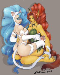 Rule 34 | 2girls, absurdres, animal ears, ass, battle circuit, capcom, cat ears, cat girl, cat tail, company connection, crossover, felicia (vampire), highres, leg lock, multiple girls, tail, vampire (game), yellow beast