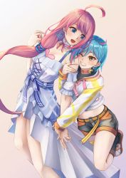Rule 34 | 2girls, :d, ahoge, ai-pii (kizuna ai), aira (qwedcxza49), bare shoulders, belt, black legwear, black shorts, blue belt, blue hair, choker, clenched teeth, collar, collarbone, commentary request, cropped hoodie, dress, earrings, gradient background, hashtag, highres, holding another&#039;s arm, hood, hoodie, jewelry, kizuna ai inc., light blush, long hair, long sleeves, love-chan (kizuna ai), love-pii channel, low-tied long hair, multicolored hair, multiple girls, one eye closed, open mouth, pink collar, pink hair, shoes, short hair, shorts, simple background, smile, sneakers, streaked hair, teeth, thigh strap, very long hair, virtual youtuber, white choker, white dress, white footwear, white hoodie, yellow belt, yellow eyes