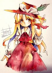 Rule 34 | 1girl, brown hat, brown skirt, brown vest, cross, extra, frilled hat, frilled shirt collar, frills, hat, hat feather, highres, holding, holding cross, jacket girl (dipp), long hair, long sleeves, red ribbon, ribbon, shirt, skirt, touhou, traditional media, very long hair, vest, wadante, white shirt, yellow eyes