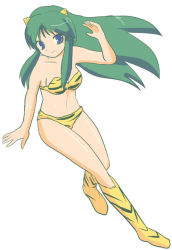 Rule 34 | 1girl, animal print, arm up, bad id, bare shoulders, bikini, blue eyes, breasts, collarbone, cone horns, green hair, horns, leaning to the side, long hair, lum, navel, oni, print bikini, print footwear, sidelocks, simple background, small breasts, smile, solo, strapless, strapless bikini, swimsuit, tagme, thighs, tiger print, urusei yatsura, white background, yellow bikini, yoshi (crossmind)