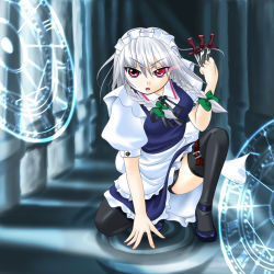 Rule 34 | 1girl, between fingers, braid, embodiment of scarlet devil, female focus, holding, holding knife, izayoi sakuya, knife, knives between fingers, magic circle, maid, marl, marl35, red eyes, short hair, silver hair, solo, thigh strap, thighhighs, throwing knife, touhou, twin braids, weapon