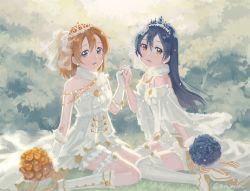 Rule 34 | 2girls, bare shoulders, blue hair, bouquet, bridal veil, bride, commentary request, dress, earrings, flower, gloves, hair between eyes, holding hands, interlocked fingers, jewelry, kosaka honoka, long hair, looking at viewer, love live!, love live! school idol festival, love live! school idol project, multiple girls, necklace, open mouth, sitting, smile, sonoda umi, strapless, thighhighs, tiara, tomiwo, veil, wariza, wedding, wedding dress, white dress, white gloves, white legwear, wife and wife, yellow eyes, yuri