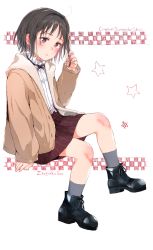Rule 34 | 1girl, ano ko wa toshi densetsu, black footwear, black hair, blush, brown hair, brown jacket, brown skirt, checkered background, flower, gomennasai, grey socks, hair flower, hair ornament, hairclip, hand up, highres, jacket, long sleeves, looking at viewer, multicolored hair, open clothes, open jacket, parted lips, red eyes, shirt, shoes, sitting, skirt, sleeves past wrists, socks, solo, star (symbol), striped clothes, striped skirt, sunflower, sunflower hair ornament, suspender skirt, suspenders, two-tone hair, vertical-striped clothes, vertical-striped skirt, white background, white shirt, yellow flower, zangyaku-san