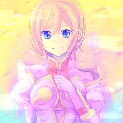 Rule 34 | 00s, 1girl, blue eyes, coat, estellise sidos heurassein, gloves, pink hair, sagami rina, short hair, smile, solo, tales of (series), tales of vesperia, yellow background