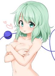 Rule 34 | 1girl, :p, aqua eyes, aqua hair, blush, breasts, cleavage, closed mouth, commentary request, covering privates, covering breasts, crossed arms, eyeball, heart, highres, komeiji koishi, looking at viewer, medium hair, no headwear, nude, simple background, smile, solo, suwa yasai, third eye, tongue, tongue out, touhou, upper body, white background