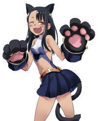 Rule 34 | 1girl, 774 (nanashi), ;d, animal ears, animal hands, bare shoulders, black hair, blush, breasts, brown eyes, cat ears, cat paws, cat tail, dark-skinned female, dark skin, fang, gloves, ijiranaide nagatoro-san, long hair, looking at viewer, nagatoro hayase, one eye closed, open mouth, paw gloves, simple background, skin fang, smile, solo, tail, white background