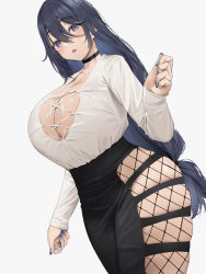 Rule 34 | 1girl, black choker, black hair, blue eyes, blue nails, blush, breasts, choker, cleavage, commentary, hair between eyes, hand up, highres, large breasts, long sleeves, looking at viewer, nail polish, oekakizuki, original, parted lips, shirt, shirt tucked in, simple background, skindentation, symbol-only commentary, thighs, white background, white shirt