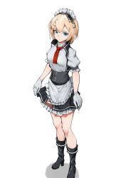 Rule 34 | 1girl, absurdres, apron, black skirt, blonde hair, blue eyes, boots, expressionless, g36 (girls&#039; frontline), german flag, girls&#039; frontline, gloves, high heel boots, high heels, highres, looking at viewer, maid, maid apron, necktie, red necktie, rspvo neva, shirt, skirt, solo, white apron, white background, white gloves, white shirt