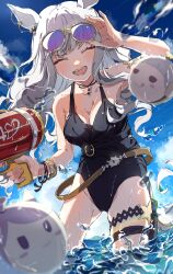 Rule 34 | 1girl, absurdres, animal ears, black one-piece swimsuit, blue sky, blunt bangs, breasts, cloud, cloudy sky, commentary request, gold ship (run revolt launcher) (umamusume), gold ship (umamusume), grey hair, hand on own hip, highres, holding, holding water gun, horse ears, horse girl, horse tail, jewelry, komeko97, large breasts, long hair, necktie, official alternate costume, one-piece swimsuit, purple eyes, purple hair, sky, solo, sunglasses, swimsuit, tail, tongue, umamusume, water, water gun