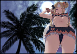 Rule 34 | 1girl, abigail williams (emerald float) (fate), abigail williams (fate), bandaid, bandaid on face, bandaid on forehead, bare shoulders, bikini, black bikini, black bow, blonde hair, blue sky, blush, bow, breasts, crossed bandaids, emerald float, fate/grand order, fate (series), forehead, frilled bikini, frills, from below, gluteal fold, hair bow, hair bun, hair half undone, highres, iwasaki takashi, licking lips, long hair, looking at viewer, looking down, navel, official alternate costume, orange bow, palm tree, parted bangs, purple eyes, single hair bun, sky, small breasts, smile, solo, sunlight, swimsuit, thighs, tongue, tongue out, tree, underboob