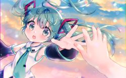 Rule 34 | 1girl, :o, ahoge, black sleeves, blush, cloud, commentary, detached sleeves, gradient sky, green eyes, green hair, green necktie, hair ornament, hatsune miku, highres, leaning to the side, lens flare, light particles, looking at viewer, necktie, open mouth, outdoors, pov, pov hands, reaching, reaching towards viewer, shirt, sky, solo, suzukkyu, teeth, twilight, two side up, untucked shirt, upper body, upper teeth only, vocaloid, white shirt