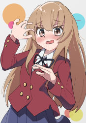 Rule 34 | 1girl, absurdres, aisaka taiga, black ribbon, blazer, blue skirt, blush, brown eyes, brown hair, buttons, collared shirt, cowboy shot, double-breasted, hair between eyes, hand up, hashtag-only commentary, highres, jacket, long hair, long sleeves, looking at viewer, neck ribbon, oohashi high school uniform, open mouth, pleated skirt, red jacket, ribbon, school uniform, shirt, skirt, solo, tomoshi sora, toradora!, white background