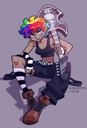 Rule 34 | 1girl, agony (omnizoa), asymmetrical pants, boots, borrowed character, brown footwear, commission, cubesona, dark-skinned female, dark skin, dated, fingerless gloves, freckles, gear eyes, gloves, grey background, guitar, holding, holding instrument, instrument, knees up, midriff, multicolored hair, navel, original, over shoulder, parted lips, rainbow hair, shadow, short hair, signature, simple background, sitting, smile, socks, solo, striped clothes, striped gloves, striped legwear, striped socks, symbol-shaped pupils