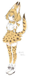 Rule 34 | 10s, 1girl, animal ears, arms behind back, bad id, bad pixiv id, blonde hair, blush, full body, highres, kemono friends, kona (canaria), serval (kemono friends), serval print, serval tail, short hair, simple background, sketch, smile, solo, tail, thighhighs, white background