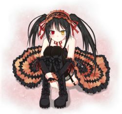 Rule 34 | 10s, 1girl, bare shoulders, black hair, boots, circle skirt, clock eyes, convenient leg, cross-laced footwear, date a live, dress, garter straps, hairband, heterochromia, highres, hugging own legs, lace-up boots, lolita fashion, lolita hairband, long hair, red eyes, solo, symbol-shaped pupils, tears, thighhighs, tokisaki kurumi, twintails, whitel (zou tukasaki), yellow eyes