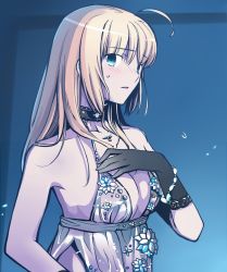 Rule 34 | 1girl, ahoge, armpits, artoria pendragon (all), artoria pendragon (fate), artoria pendragon (lancer alter) (fate), artoria pendragon (lancer alter) (royal icing) (fate), bare arms, bare shoulders, black gloves, blonde hair, blush, breasts, cleavage, eyebrows hidden by hair, fate/grand order, fate/stay night, fate (series), from side, gloves, green eyes, highres, jewelry, long hair, looking at viewer, necklace, official alternate costume, open mouth, royal icing, saber (fate), solo, underwear, yuuma (u-ma)