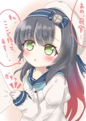 Rule 34 | 10s, 1girl, :o, beret, black hair, blush, clothes grab, commentary request, gloves, green eyes, hat, headband, highres, kantai collection, long hair, matsuwa (kancolle), ridy (ri sui), school uniform, sleeve grab, solo, solo focus, translation request