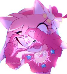 Rule 34 | 1girl, alternate eye color, amy rose, animal ears, animal nose, artist name, bow, cookiecream 00, cosplay, crossover, dress, ear ribbon, eyelashes, furry, furry female, gloves, hairband, hands up, heart, heart hands, heart in mouth, hedgehog ears, hedgehog girl, highres, hoshino ai (oshi no ko), hoshino ai (oshi no ko) (cosplay), idol, looking at viewer, open mouth, oshi no ko, pink dress, pink eyes, pink fur, pink gloves, pink hairband, pink ribbon, ribbon, simple background, sleeveless, sleeveless dress, smile, solo, sonic (series), star-shaped pupils, star (symbol), star print, symbol-shaped pupils, turtleneck, turtleneck dress, upper body, white background
