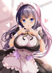 Rule 34 | 1girl, apron, black dress, black hair, blue eyes, blush, breasts, chestnut mouth, commentary request, dress, flying sweatdrops, frilled apron, frills, hands up, heart, heart hands, highres, large breasts, long hair, looking at viewer, maid, maid headdress, misumi aoi, ongeki, parted lips, puffy short sleeves, puffy sleeves, short sleeves, solo, very long hair, white apron, wrist cuffs, xenon (for achieve)