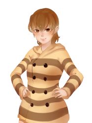 Rule 34 | 1girl, 3four, brown eyes, brown hair, buttons, earrings, fate/stay night, fate (series), fujimura taiga, hands on own hips, hood, hood down, hoodie, jewelry, lips, revision, short hair, solo, striped clothes, striped hoodie