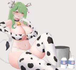 Rule 34 | 1girl, absurdres, animal ears, animal print, antlers, bare shoulders, bell, bikini, blush, braid, braided bangs, branch, breasts, bucket, ceres fauna, cleavage, collarbone, cow ears, cow girl, cow print, cow print bikini, cow tail, elbow gloves, finger to mouth, glass, gloves, gradient hair, grass, green hair, hair ornament, heart, heart-shaped pupils, highres, hololive, hololive english, horns, huge breasts, kfsocks, knee up, long hair, looking at viewer, milk, mole, mole under eye, multicolored hair, navel, neck bell, o-ring, o-ring bikini, print bikini, print gloves, print thighhighs, side-tie bikini bottom, simple background, sitting, smile, streaked hair, swimsuit, symbol-shaped pupils, tail, thick thighs, thighhighs, thighs, tongue, tongue out, twitter username, virtual youtuber, white background, yellow eyes