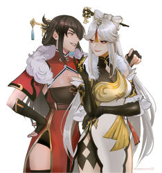 Rule 34 | 2girls, arm around shoulder, beidou (genshin impact), breasts, brown hair, capelet, china dress, chinese clothes, claw ring, cleavage, colored eyepatch, dress, eyepatch, fur collar, genshin impact, gloves, hair ornament, hair over one eye, hair stick, hairpin, highres, large breasts, long hair, looking at another, mistermagnolia, multiple girls, ningguang (genshin impact), one eye covered, parted bangs, partially fingerless gloves, red capelet, red eyes, smile, tassel, white background, white hair