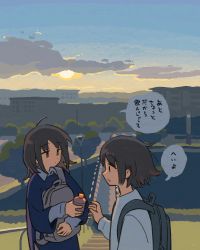 Rule 34 | 2girls, absurdres, ahoge, backpack, bag, blue sky, blue sweater, brown hair, building, cloud, collared shirt, commentary request, drink, highres, holding, holding drink, long sleeves, medium hair, muji (uimss), multiple girls, no pupils, no sclera, open mouth, original, outdoors, profile, shirt, short hair, sky, speech bubble, sunset, sweater, translation request, tree, upper body