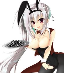 Rule 34 | 1girl, animal ears, bare shoulders, black leotard, black pantyhose, blush, bow, bowtie, breasts, cleavage, collarbone, commentary request, cowboy shot, detached collar, dracu-riot!, elena olegovna owen, eyes visible through hair, fake animal ears, gluteal fold, grey hair, hair between eyes, heart, highres, holding, holding tray, large breasts, leotard, long hair, looking at viewer, official alternate costume, official alternate hairstyle, open mouth, pantyhose, playboy bunny, rabbit ears, red bow, red bowtie, red eyes, side ponytail, simple background, smile, solo, strapless, strapless leotard, tachibana akane (akane780u), translated, transparent background, tray, v-shaped eyebrows, very long hair, white wrist cuffs, wrist cuffs