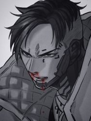 Rule 34 | 1boy, animification, apex legends, blood, blood on face, crypto (apex legends), grey background, jacket, jewelry, looking ahead, male focus, monochrome, mozuwaka, necklace, parted hair, scowl, solo, spot color, undercut, v-shaped eyebrows