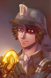 Rule 34 | 1boy, amber (gemstone), black gloves, brown eyes, brown hair, bug, butterfly, candle, gem, gloves, golden egg, gradient background, hat, higami akabane, identity v, insect, male focus, norton campbell, profile, simple background, smile, solo