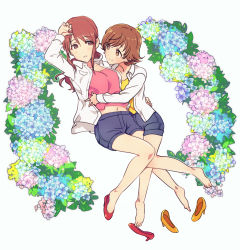 Rule 34 | 2girls, ariya t, arm up, bare legs, barefoot, blue flower, blue shorts, blush, breasts, brown eyes, brown hair, closed mouth, collarbone, couple, dress shirt, eye contact, feet, female focus, flower, unworn footwear, full body, grey shorts, high heels, highres, honda mio, hug, hydrangea, idolmaster, idolmaster cinderella girls, large breasts, legs, long hair, long sleeves, looking at another, lying, medium breasts, midriff, mifune miyu, multiple girls, navel, neck, on back, on side, open clothes, open shirt, parted lips, pink flower, pink shirt, pumps, red footwear, shirt, shoes, unworn shoes, short hair, short shorts, shorts, simple background, smile, stomach, swept bangs, white background, white shirt, yellow footwear, yellow shirt, yuri