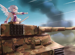 Rule 34 | 1girl, absurdres, ailu elf, bow, bowtie, braid, cannon, caterpillar tracks, chinese commentary, commentary request, french braid, grey hair, half updo, highres, jacket, kishin sagume, long sleeves, military, military vehicle, motor vehicle, open mouth, outdoors, red bow, red bowtie, red eyes, short hair, single wing, smoke, solo, tank, tiger i, touhou, upper body, white jacket, wings