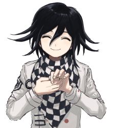Rule 34 | 1boy, black hair, checkered clothes, checkered scarf, closed eyes, closed mouth, danganronpa (series), danganronpa v3: killing harmony, facing viewer, hair between eyes, hands up, jacket, long sleeves, magic trick, male focus, oma kokichi, own hands together, renshu usodayo, scarf, simple background, smile, solo, straitjacket, upper body, white background, white jacket