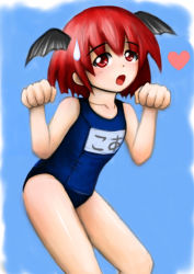 Rule 34 | 1girl, ao bouzu, bad id, bad pixiv id, embodiment of scarlet devil, female focus, head wings, heart, koakuma, name tag, one-piece swimsuit, red eyes, red hair, school swimsuit, solo, swimsuit, touhou, wings