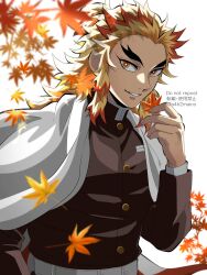 Rule 34 | 1boy, a4h2maico, absurdres, autumn, autumn leaves, blonde hair, cape, colored tips, demon slayer uniform, facing viewer, flame print, forked eyebrows, hand up, highres, holding, holding leaf, kimetsu no yaiba, leaf, long hair, long sleeves, male focus, multicolored hair, red hair, rengoku kyoujurou, smile, solo, standing, streaked hair, twitter username, upper body, watermark, white background, white cape