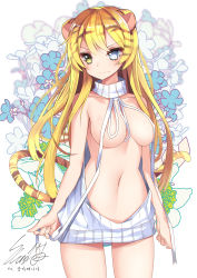Rule 34 | 1girl, animal ears, blonde hair, blue eyes, blush, breasts, closed mouth, convenient censoring, floral background, green eyes, heterochromia, highres, long hair, medium breasts, meme attire, navel, original, signature, slumcat, solo, sweater, tail, tiger ears, tiger tail, turtleneck, turtleneck sweater, virgin killer sweater, wardrobe error, white sweater