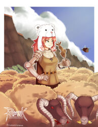 Rule 34 | 1girl, :t, armor, bear hat, blue sky, breastplate, brown cape, cape, chainmail, chief (skiwa), closed mouth, cloud, commentary, copyright name, cowboy shot, cross, day, eating, english commentary, expressionless, fish (food), floating island, gauntlets, goat, goat (ragnarok online), green eyes, knight (ragnarok online), long hair, looking afar, medium bangs, outdoors, parted bangs, pauldrons, pink hair, ragnarok online, shoulder armor, sky, white headwear