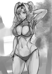 Rule 34 | 1girl, breasts, cowboy shot, highres, koucha indian, large breasts, looking at viewer, midriff, monochrome, sketch, solo
