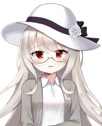 Rule 34 | 1girl, bad id, bad pixiv id, black-framed eyewear, blush, collared shirt, commission, copyright request, flower, ginka (gink a), glasses, grey hair, grey jacket, hair between eyes, hat, hat flower, headband, highres, jacket, long hair, open clothes, open jacket, parted lips, red eyes, rose, semi-rimless eyewear, shirt, simple background, solo, sun hat, under-rim eyewear, upper body, white background, white flower, white headband, white rose, white shirt