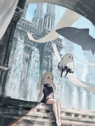 Rule 34 | 1girl, absurdres, bare legs, black dress, black footwear, blonde hair, blue eyes, building, character request, commentary request, dress, flying animal, full body, ghost, highres, nier (series), nier reincarnation, outdoors, parted lips, short dress, sitting, sleeveless, sleeveless dress, slippers, solo, twintails, yuu akine