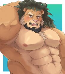 Rule 34 | 1boy, abs, animal ears, arm behind back, armpit peek, arsalan (housamo), bara, beard, blush, chest tuft, facial hair, furry, furry male, highres, large pectorals, lion boy, lion ears, looking at viewer, male focus, mature male, medium hair, muscular, muscular male, navel, nipples, nude, pectorals, shirotoki (qdng0atngbaqmce), solo, stomach, strongman waist, thick eyebrows, tokyo houkago summoners, upper body